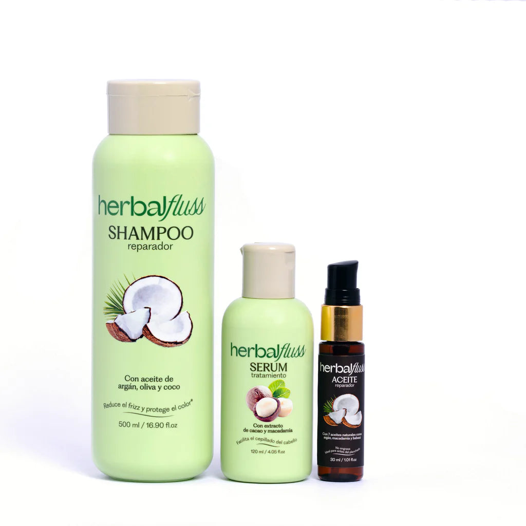 Combo Cepillado de Bendito Frizz con shampoo reparador, serum termo-protector y aceite de brillo.
