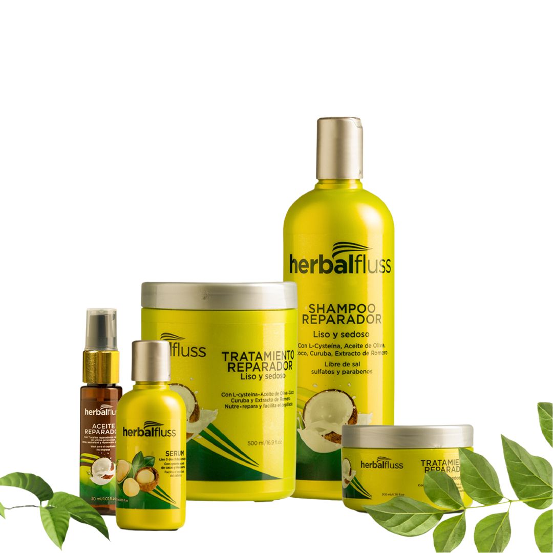 Kit Ultra Reparador de 5 productos Bendito Frizz para cabello dañado y alisado.