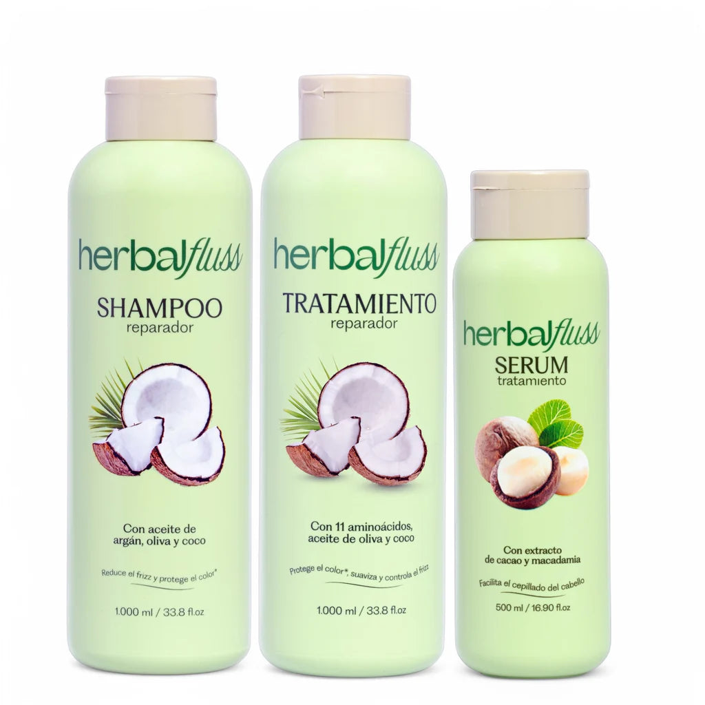 Kit de reparación intensiva Bendito Frizz para cabello alisado o maltratado. Incluye shampoo sin sulfatos, tratamiento y serum