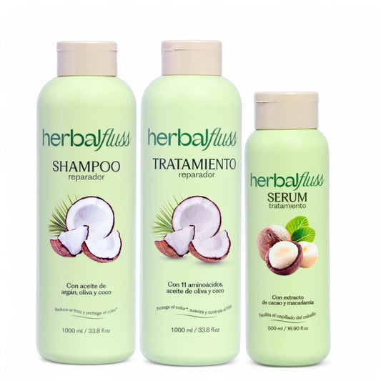 Kit de reparación intensiva Bendito Frizz para cabello alisado o maltratado. Incluye shampoo sin sulfatos, tratamiento y serum