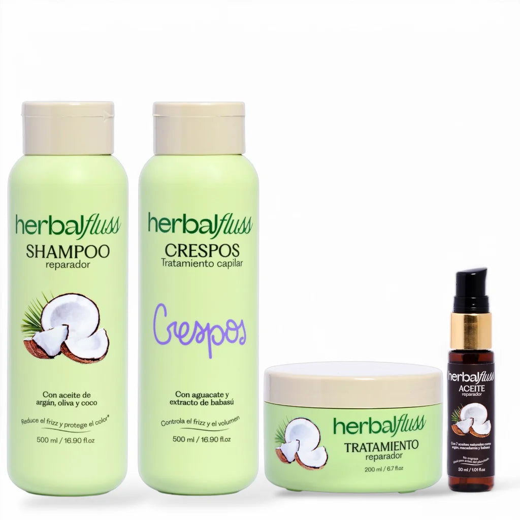Kit de reparación y definición para rizos de Bendito Frizz con 4 productos, incluyendo la crema para peinar Herbalfluss.