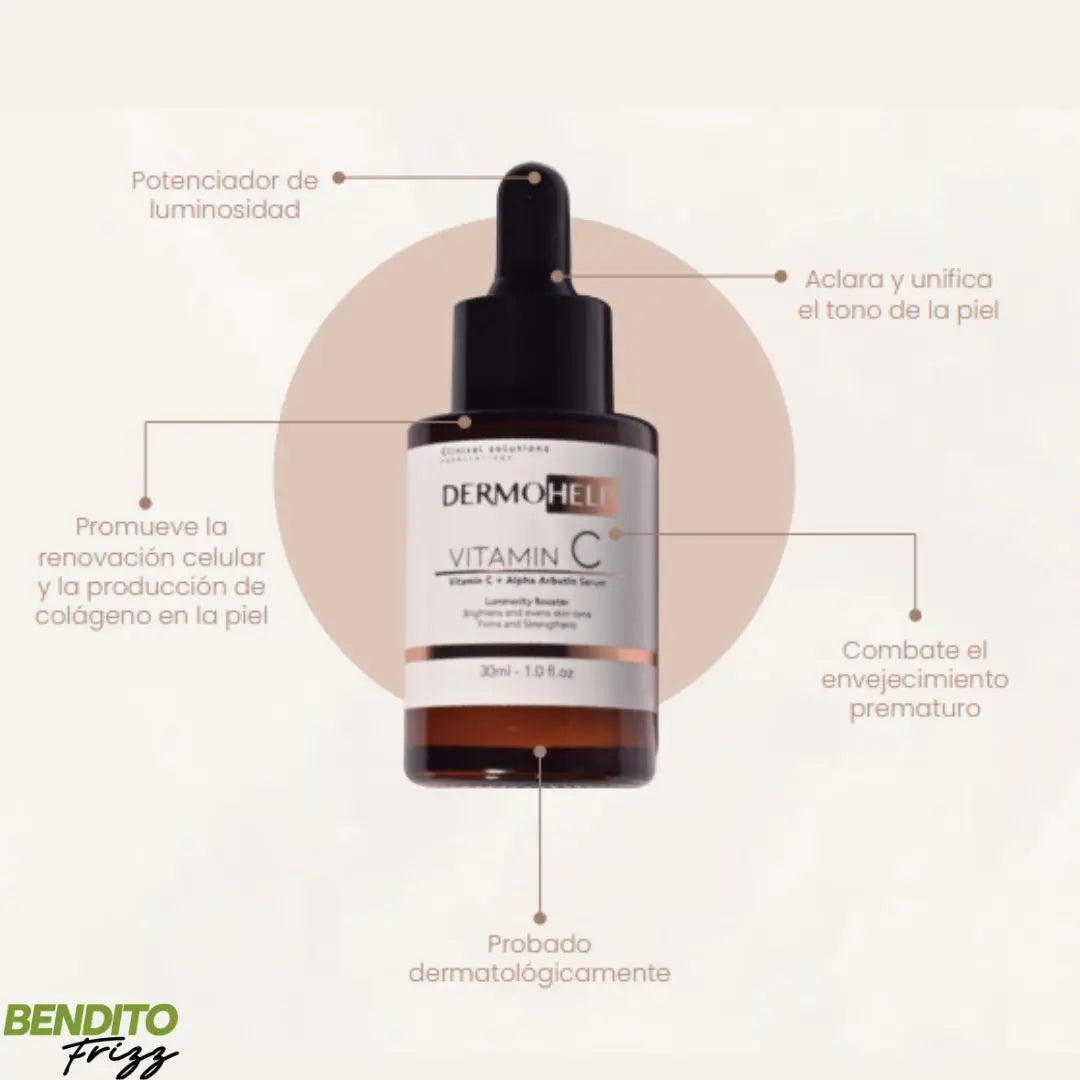 SERUM_VITAMINAC Contiene alfa arbutina que ayuda a aclarar y despigmentar el tono de la piel. Potente antioxidante. Disminuye imperfecciones, manchas, cicatrices y ojeras