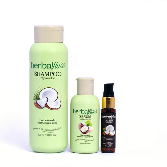 Combo Cepillado de Bendito Frizz con shampoo reparador, serum termo-protector y aceite de brillo.

