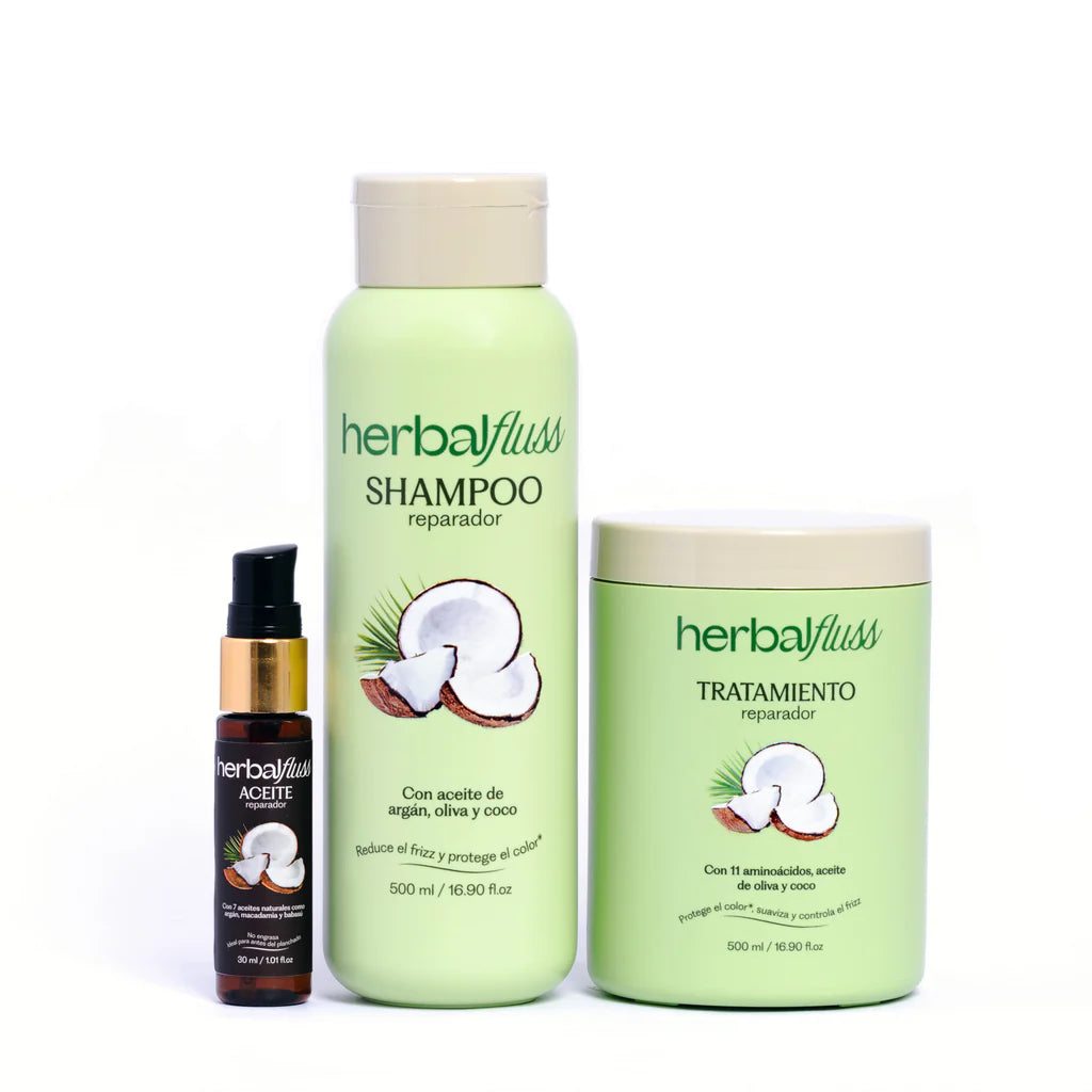 Kit de nutrición y protección solar de Bendito Frizz con shampoo, tratamiento y aceite reparador de 7 aceites.